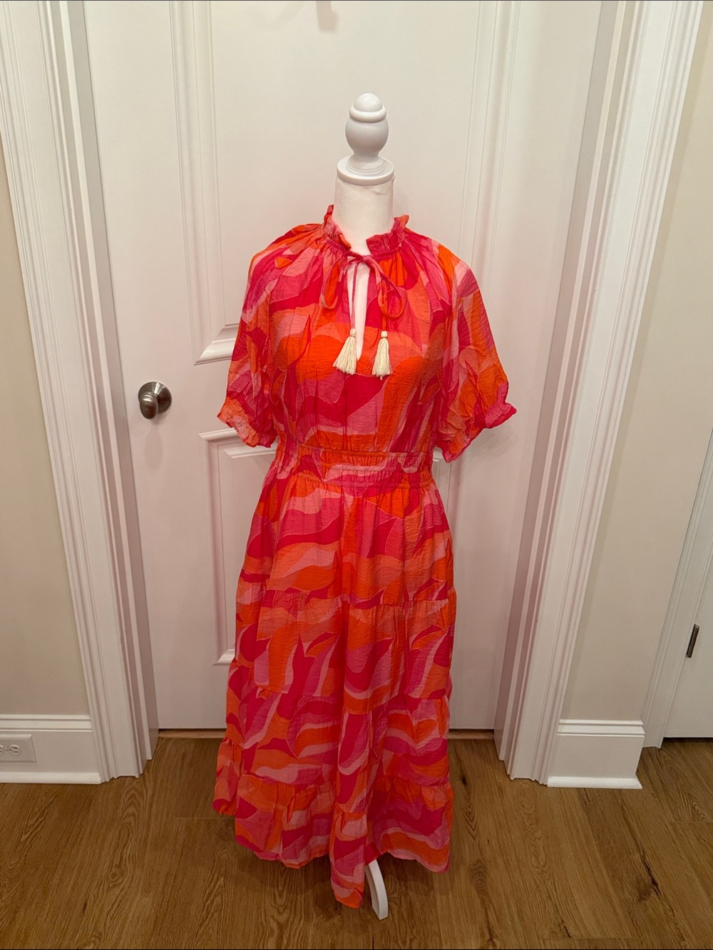 THML Pink & Orange Patterned Maxi Dress with Tassel Tie